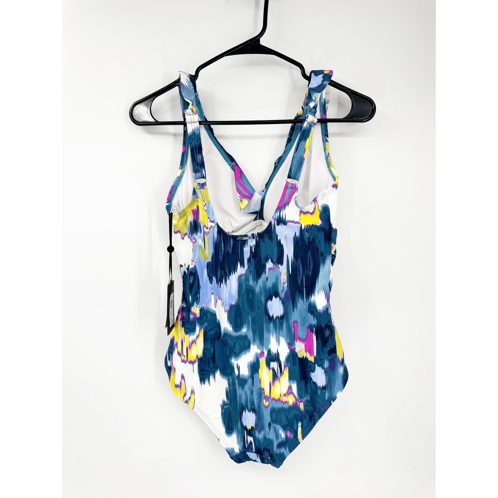 DKNY One Piece Swimsuit 6 Blue Abstract Ruffle Ruched Tummy Control Swimwear - Picture 3 of 7